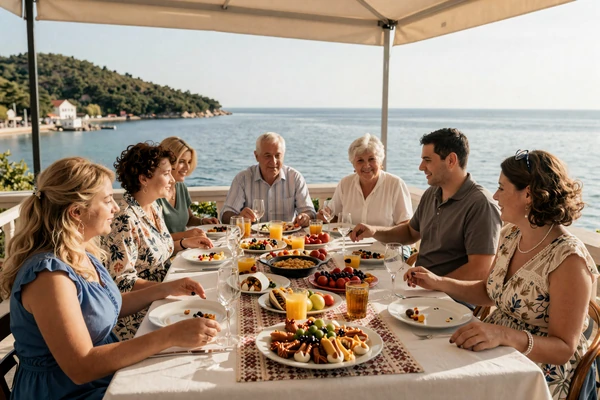 Traditional Montenegrin family celebration with Mediterranean cuisine