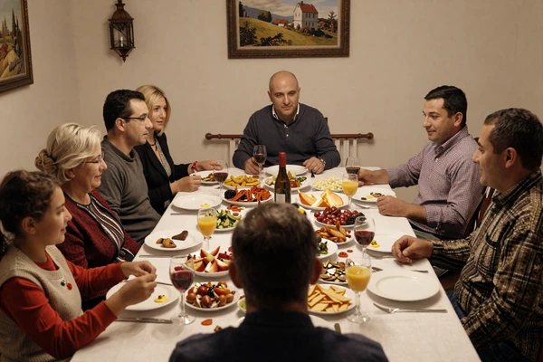 Traditional Balkan family gathering celebrating together with Mediterranean cuisine