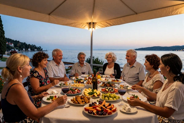 Traditional Croatian family gathering with Mediterranean cuisine
