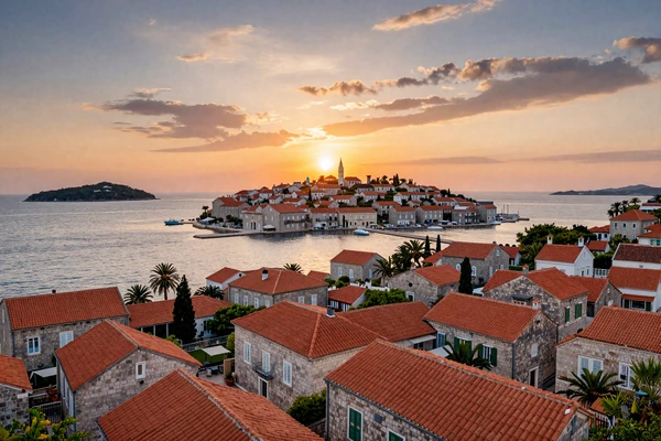 Scenic Balkan coastal town with traditional architecture overlooking the Adriatic Sea